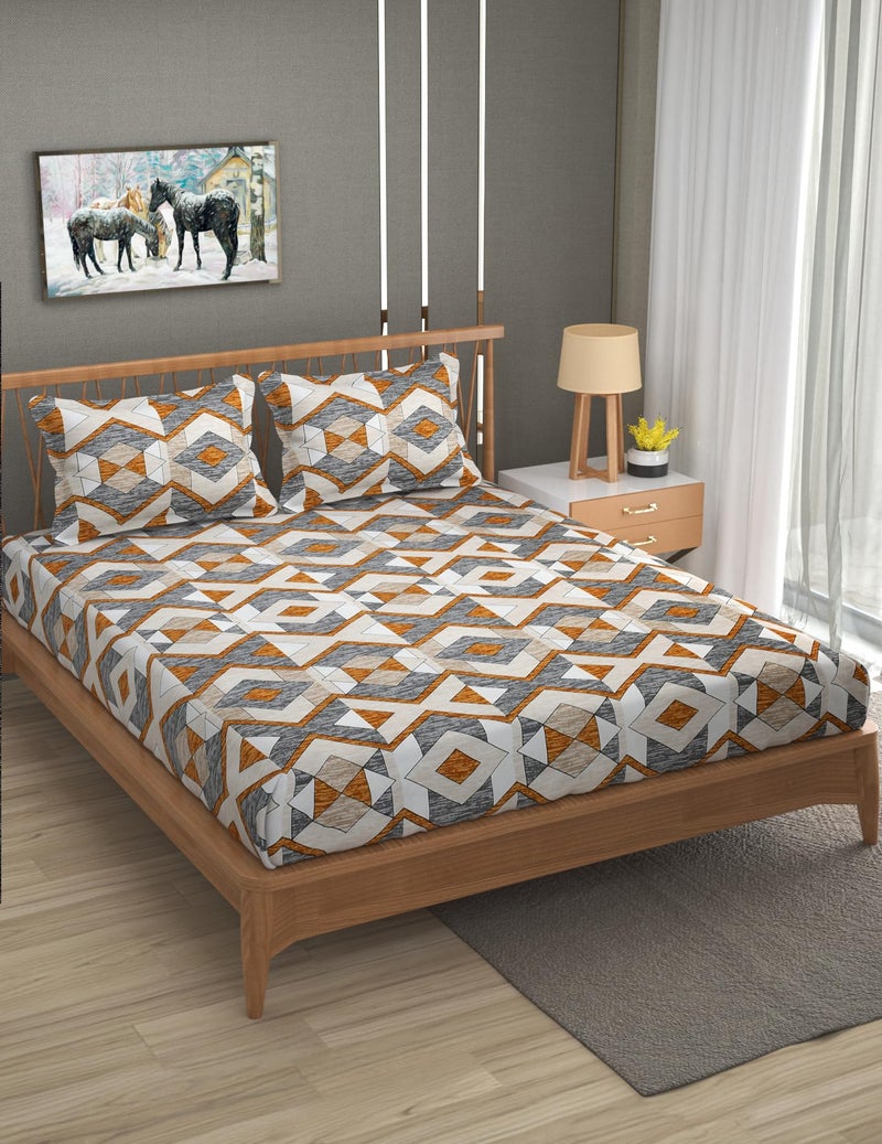 Furnofy Premium Geometric Printed Double Bedsheet Set – Grey & Mustard (90x100 Inches) with 2 Pillow Covers – Flat - Image 2