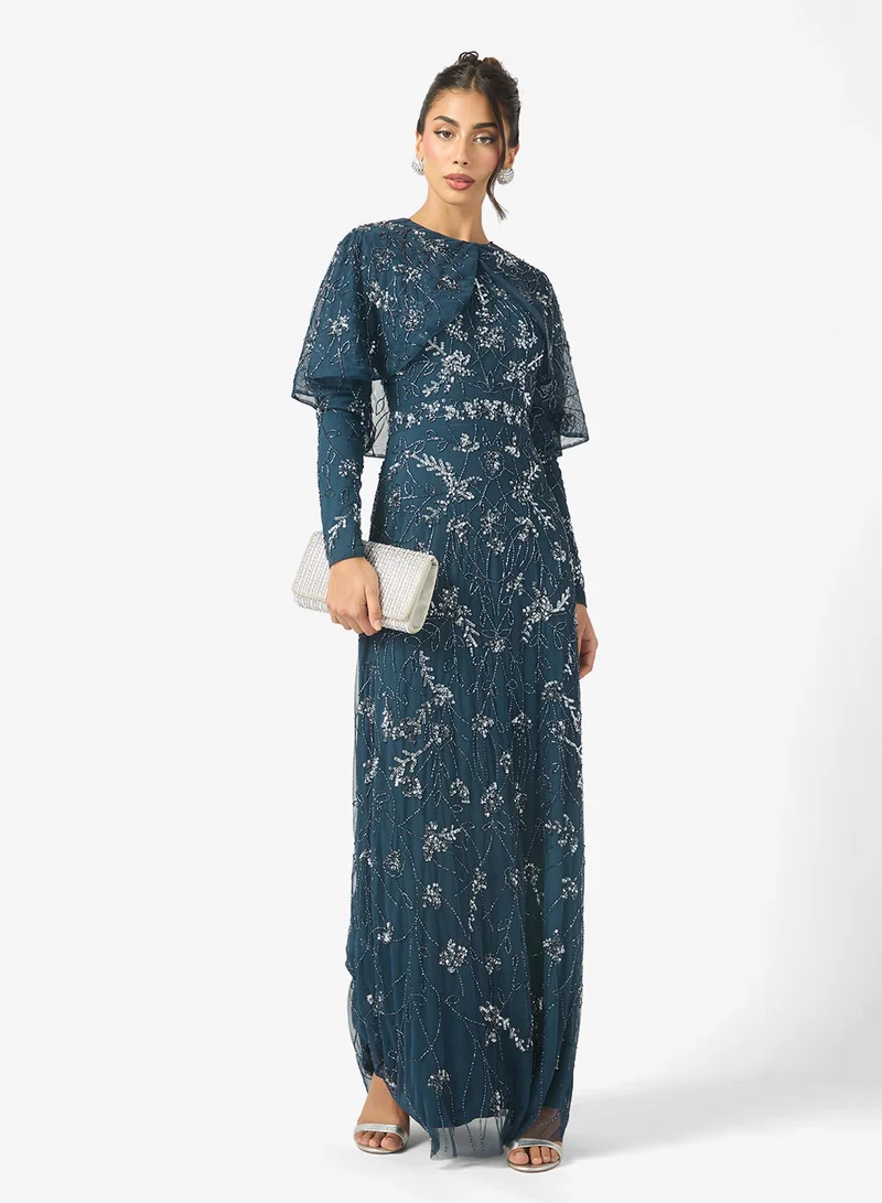 MARYISA Liyana Modest Embellished Sequin Flared Sleeve Maxi Dress
