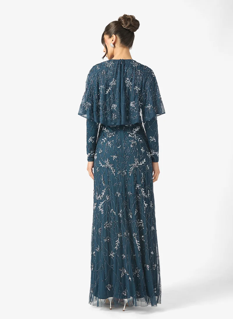 MARYISA Liyana Modest Embellished Sequin Flared Sleeve Maxi Dress