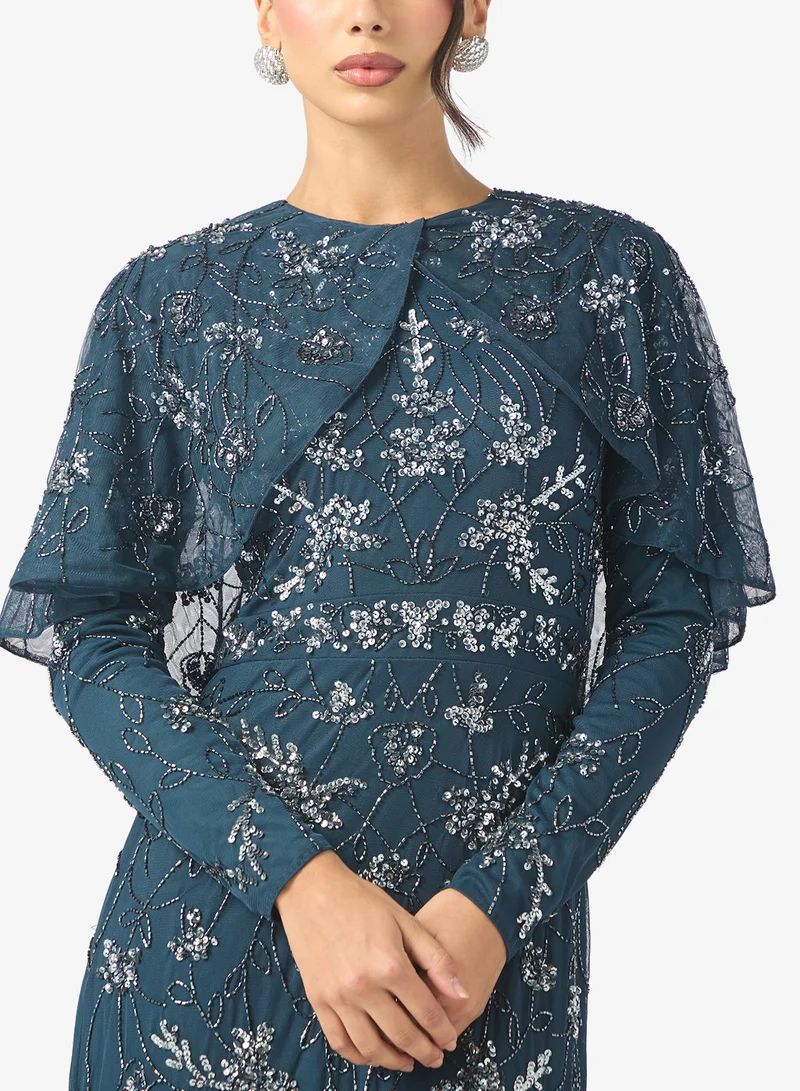 MARYISA Liyana Modest Embellished Sequin Flared Sleeve Maxi Dress