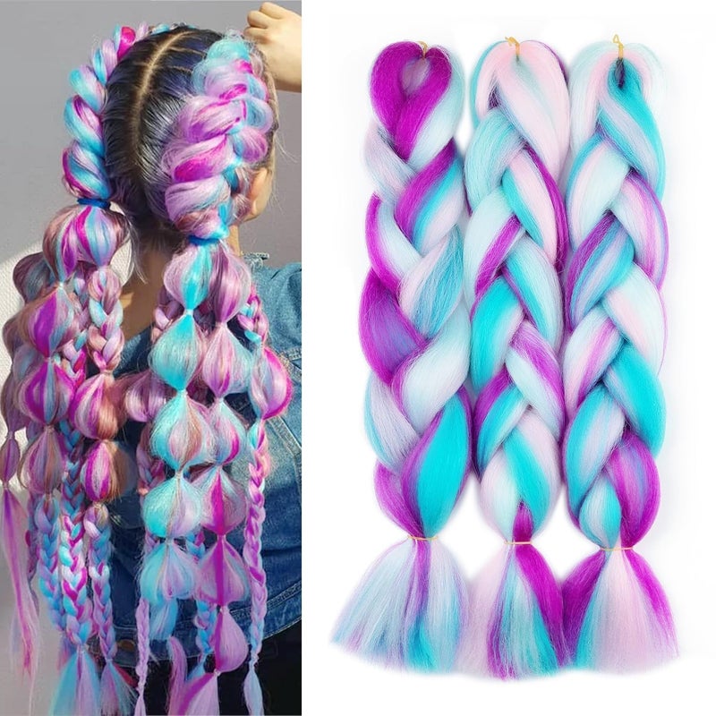 MAYSA Colorful Pre Stretched Braiding Hair ExtensionsRainbow mix Braiding Hair24inch 3Pcs Synthetic Color Hair for Braiding Pinkdeep purplebluegreen