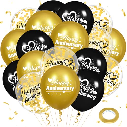 Woosytoo Happy Anniversary Balloons 18Pcs Black Gold Anniversary Party Decorations for Women Men Gold Silver 12Inch Metallic Confetti Anniversary Balloons for Indoor Outdoor Party Supplies - Image 1
