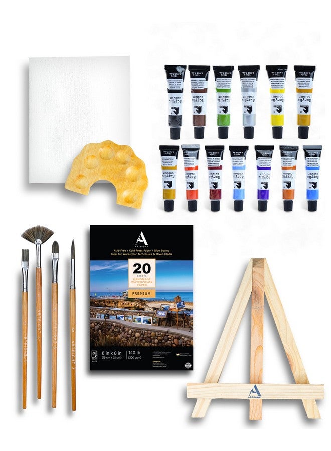 ArtRight 39 Pcs Painting Kit for Beginners & Kids with 4 Paint Brushes - Mini Wooden Easel with Canvas - 20 A5 Watercolor Papers - Mini Painting Palette - Artists Color Set of 12 - Image 1
