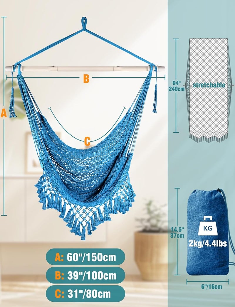 Chihee Hammock Chair Super Large Hanging Chair Soft-Spun Cotton Rope Weaving Chair, Collapsible Strong Metal Spreader Bar Wide Seat Lace Stretch Swing Chair Indoor Outdoor Garden Yard Theme Decoration - Image 4