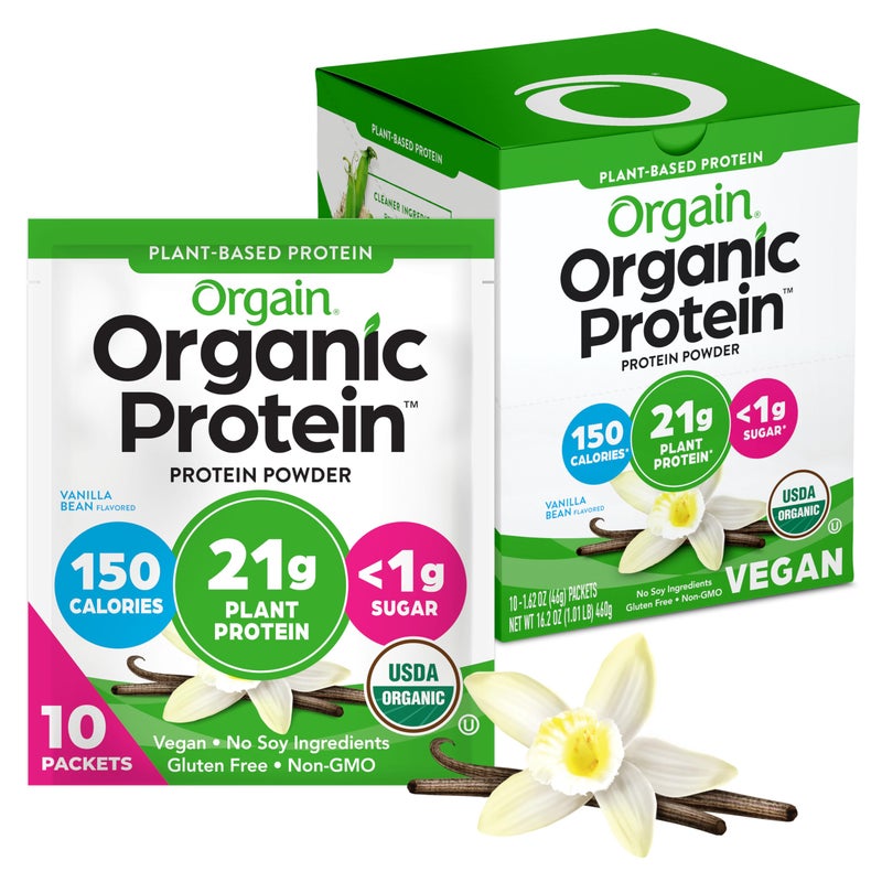 Orgain Organic Vegan Protein Powder, Vanilla Bean - 21g Plant Protein, 5g Prebiotic Fiber, Low Carb, No Lactose Ingredients, No Added Sugar, Non-GMO, For Shakes & Smoothies, 10 Travel Packs - Image 1