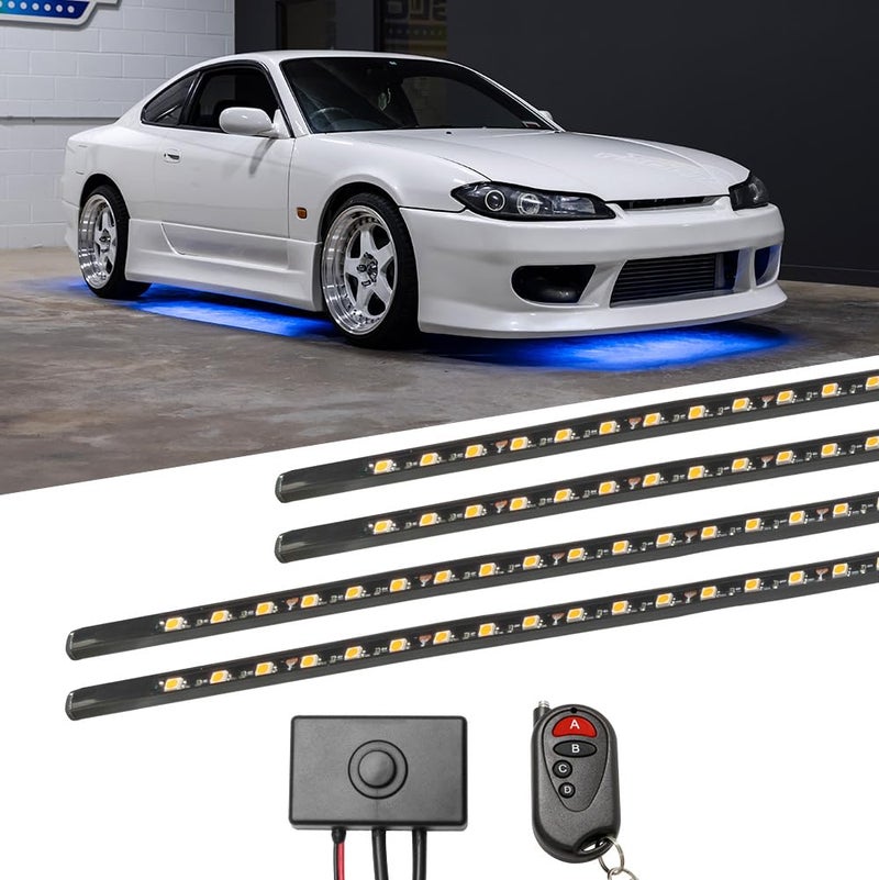 LEDGlow 4pc Blue LED Flexible Car Slimline Underbody Underglow Accent Neon Lighting Kit 4 Unique Patterns Water Resistant Low Profile Light Tubes Includes Control Box Remote