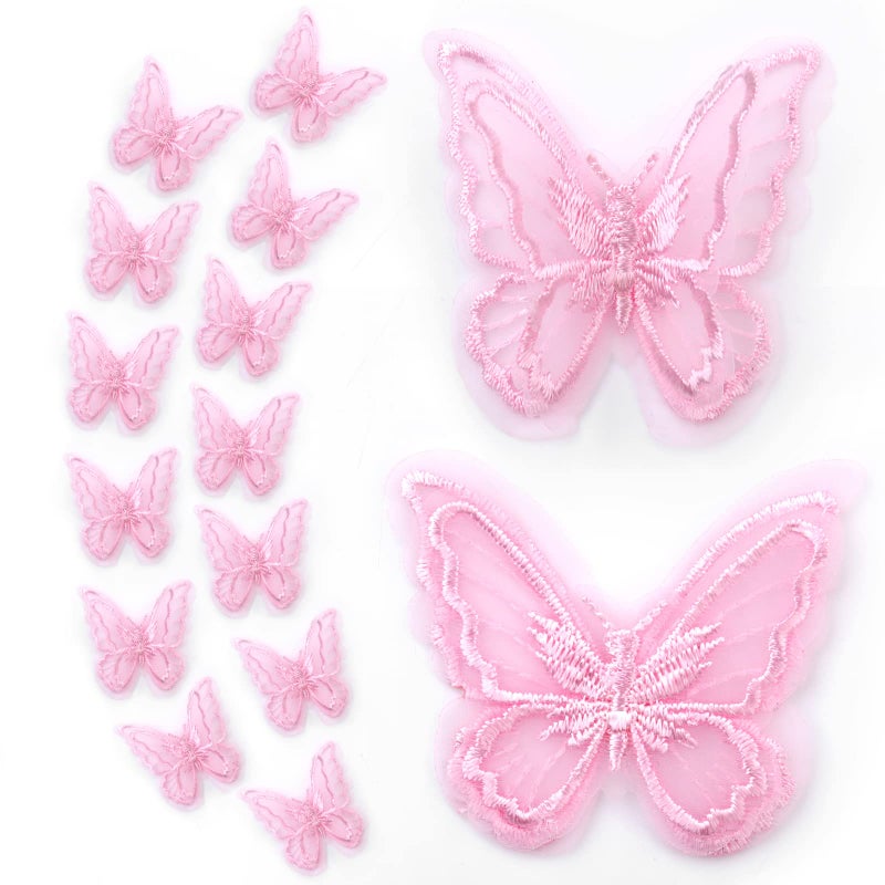 Vshinic 16pcs Butterfly Lace Trim, Butterfly Decor Applique Patches,Double Layers Organza Butterfly Lace Fabric Embroidery Sewing Lace DIY for Wedding Bride Hair Dress Hat Accessories(Pink) - Image 1
