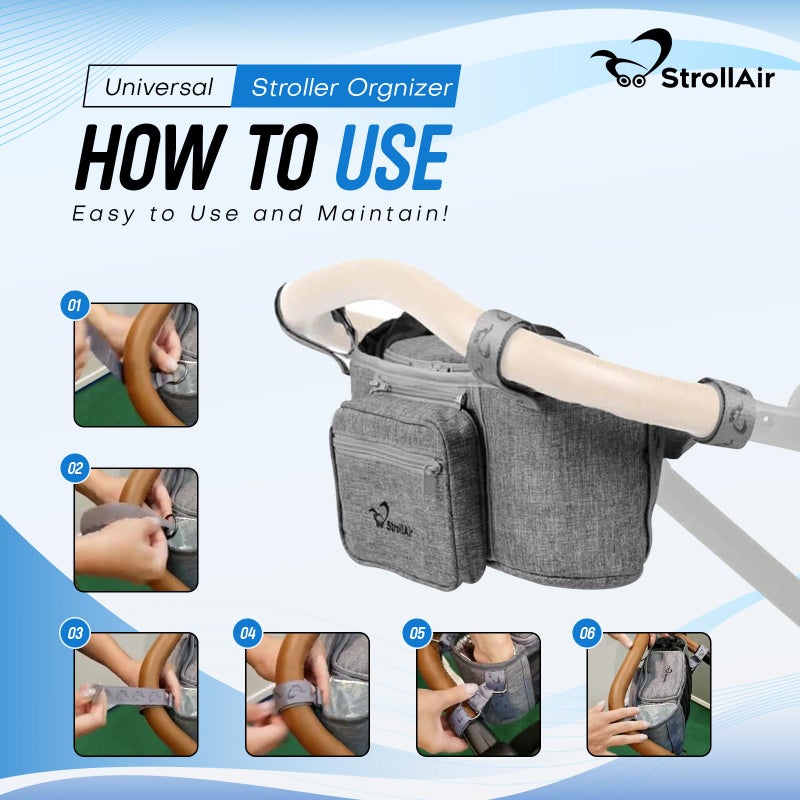 StrollAir Universal Stroller Organizer with Insulated Cup Holder, Stroller Caddy Compatible with Cosmos, Solo, Nuna, Baby Jogger, Bumbleride, Uppababy, Parent Drink Holder Stroller Accessories (Grey) - Image 5