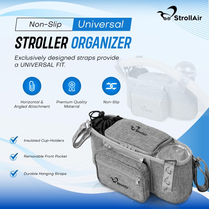 StrollAir Universal Stroller Organizer with Insulated Cup Holder, Stroller Caddy Compatible with Cosmos, Solo, Nuna, Baby Jogger, Bumbleride, Uppababy, Parent Drink Holder Stroller Accessories (Grey) - Image 2