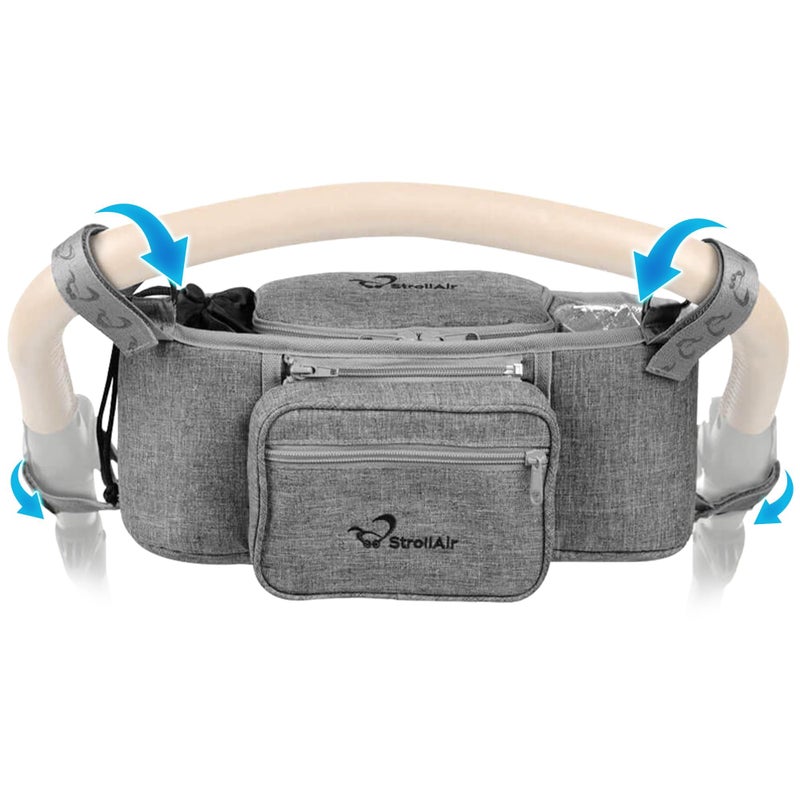StrollAir Universal Stroller Organizer with Insulated Cup Holder, Stroller Caddy Compatible with Cosmos, Solo, Nuna, Baby Jogger, Bumbleride, Uppababy, Parent Drink Holder Stroller Accessories (Grey) - Image 1