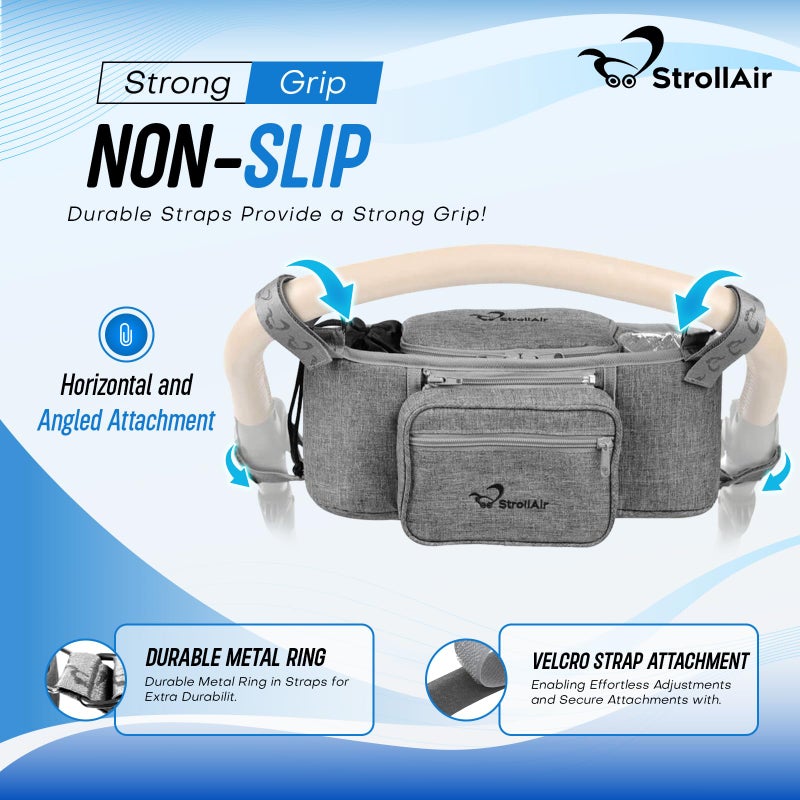 StrollAir Universal Stroller Organizer with Insulated Cup Holder, Stroller Caddy Compatible with Cosmos, Solo, Nuna, Baby Jogger, Bumbleride, Uppababy, Parent Drink Holder Stroller Accessories (Grey) - Image 3