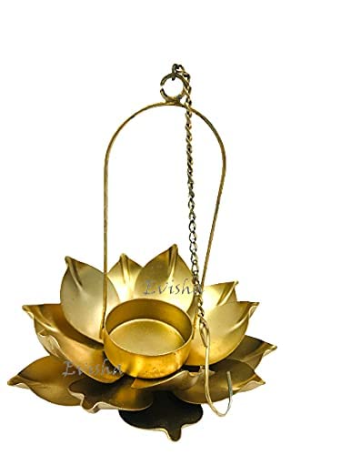 Evisha Golden Polish Metal Lotus Shape Hanging Tealight Holder Diyas for Diwali Festival Home Decor (Golden Lotus) - Image 5