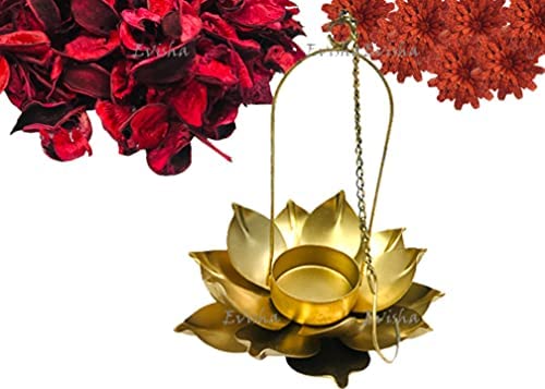 Evisha Golden Polish Metal Lotus Shape Hanging Tealight Holder Diyas for Diwali Festival Home Decor (Golden Lotus) - Image 3