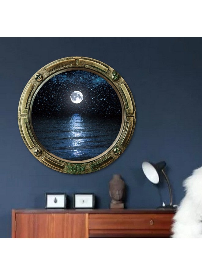 Boodecal 17 In X 17 In Moon Above Sea Night Dawn Scenery Series Porthole Fake Window Removable Wall Decals Swimming Sea Fish Waterproof Wall Stickers For Childrens Playroom Nursery Bathroom - Image 1