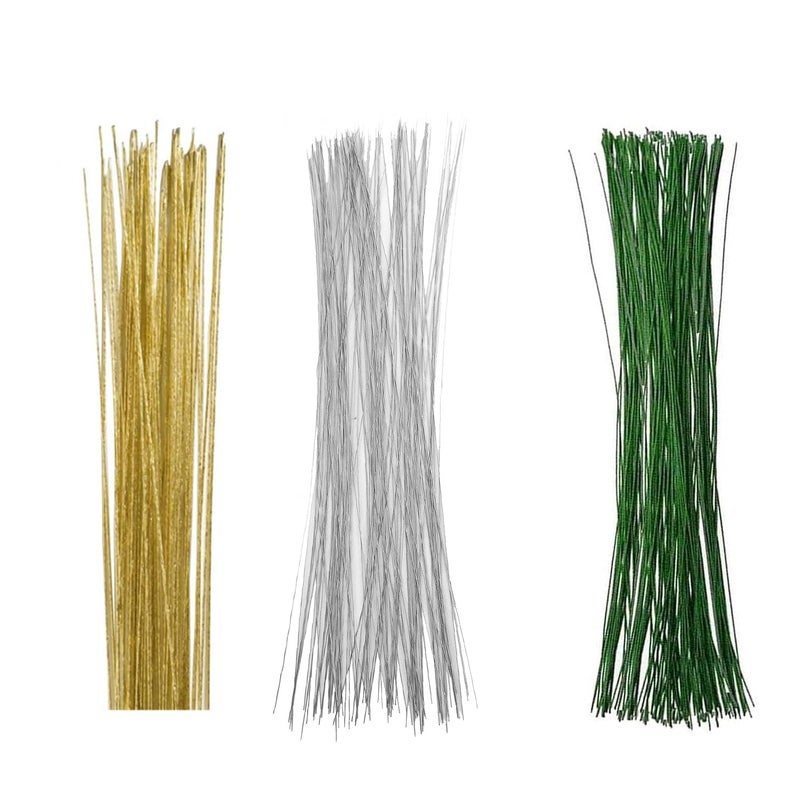 Artzone Floral Stem Wire Set for Flower Making – Gold, Silver, Green Pack of 25 Each - Image 1