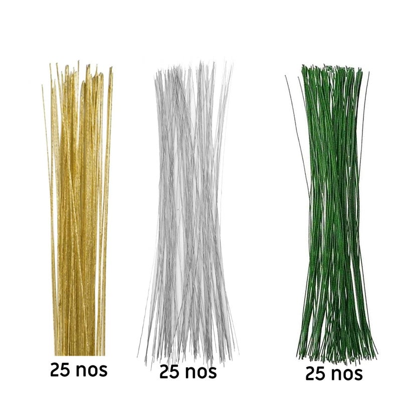 Artzone Floral Stem Wire Set for Flower Making – Gold, Silver, Green Pack of 25 Each - Image 3