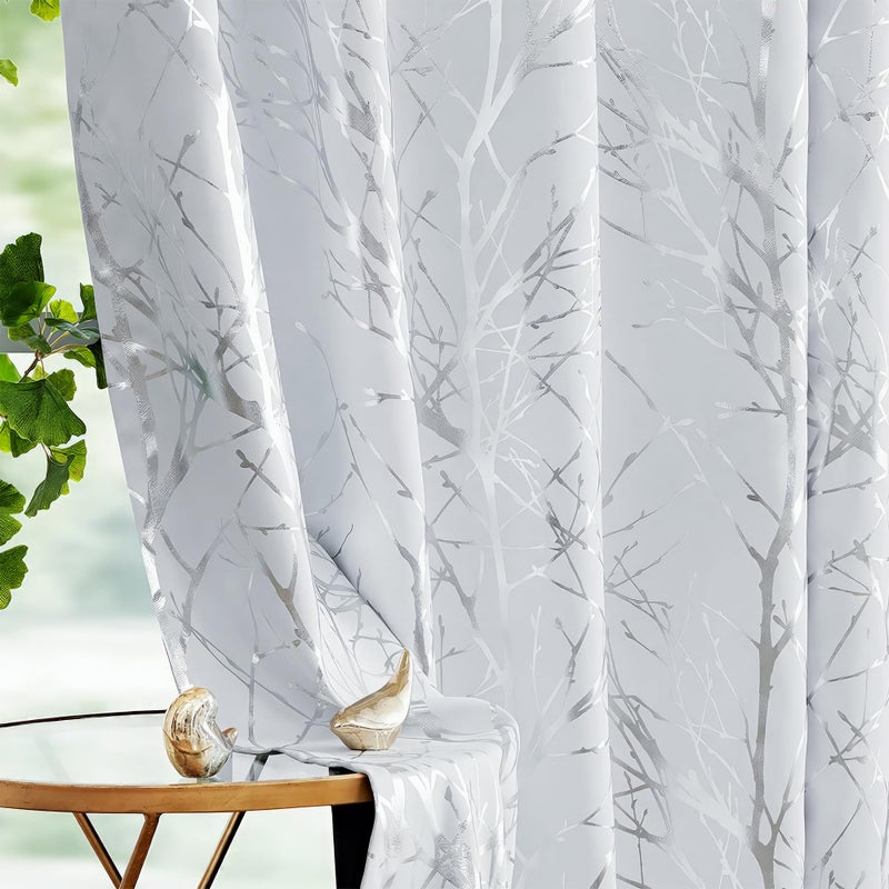 FMFUNCTEX 100 Blackout Curtains  Silver Tree Branch Metallic Print for Living Room  Bedroom Room Darkening Drapes for Home Office  Grommet Top 2 Panels  84 Inches Length