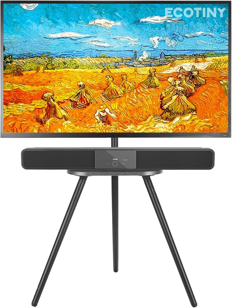 ECOTINY TV Stand for 43 to 65 Inch LCD LED OLED Screen up to 35 kg, Height Adjustable and Swivel, Portable TV Easel Wood with Wooden Tray, Max VESA 400 x 400 mm, Black Cast Iron - Image 1