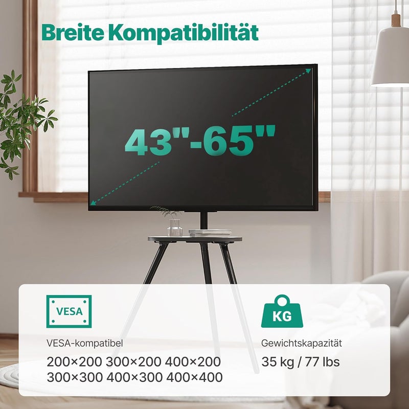 ECOTINY TV Stand for 43 to 65 Inch LCD LED OLED Screen up to 35 kg, Height Adjustable and Swivel, Portable TV Easel Wood with Wooden Tray, Max VESA 400 x 400 mm, Black Cast Iron - Image 2