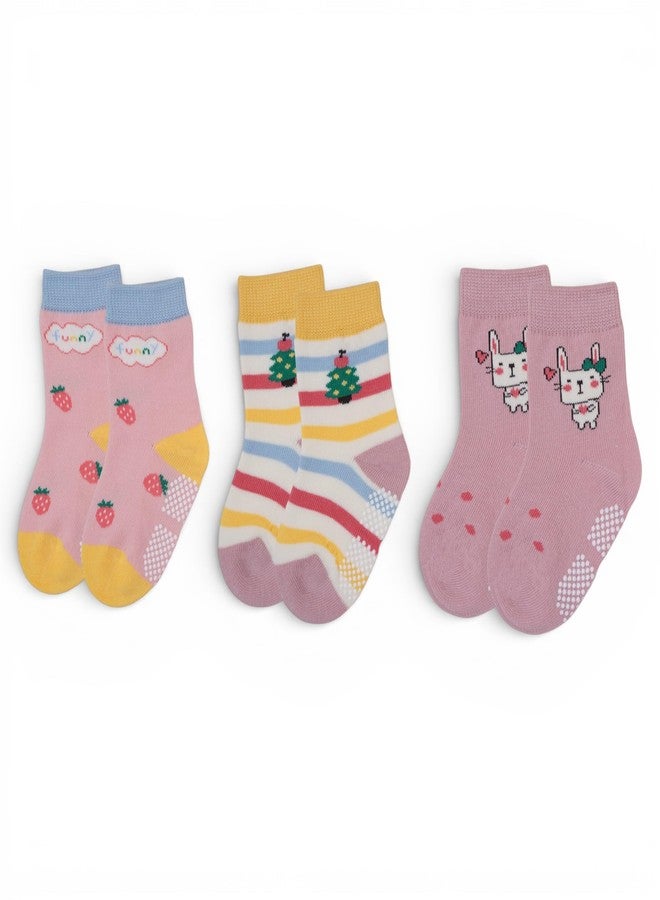 Secure Steps Anti Skid Socks for Kids - Soft Cotton Non Slip Socks for 1-3 Years | Crawling & Walking | Safe Grip Baby Socks | Baby Girl | (Pack of 3) - Image 1