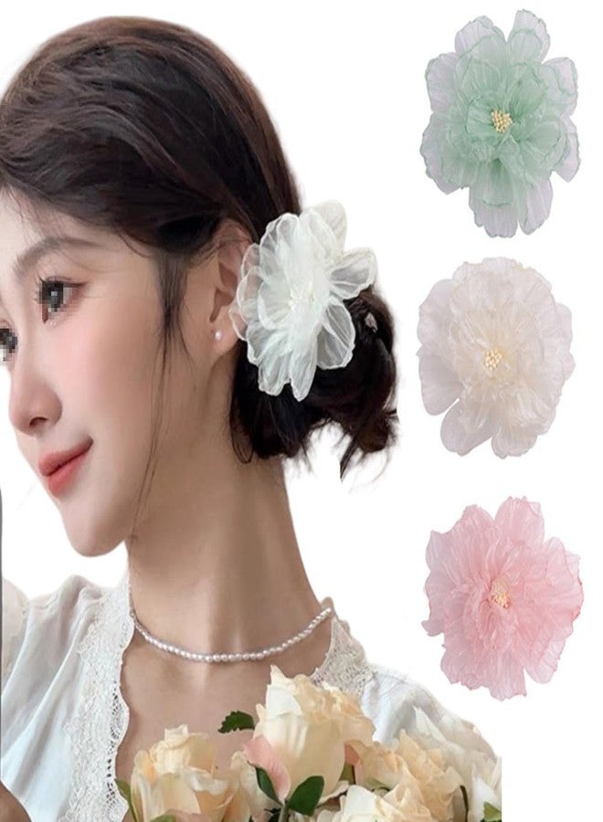 Quupy 3Pcs Organza Flower Hair Clips Flower Hairpins Floral Barrette Hair Clips Hawaiian Hair Accessories for Women Girls Vacation Beach Party (Random Color) - Image 1