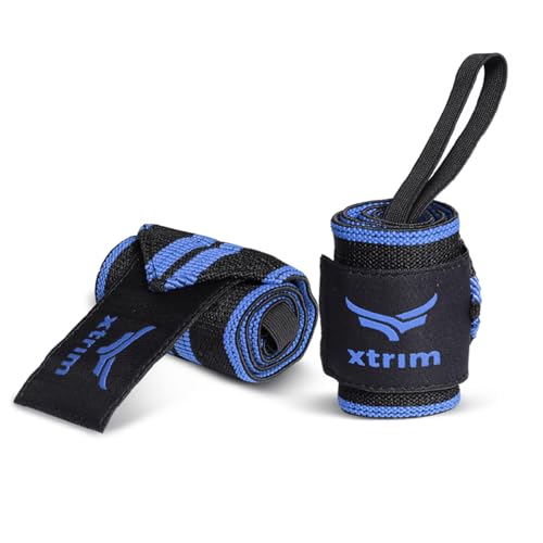 XTRIM دعم المعصم XTRIM للرجال والنساء، حزام المعصم للرجال، لف المعصم في الصالة الرياضية، حزام اللياقة البدنية في الصالة الرياضية، معدات الصالة الرياضية للمنزل، ملحقات دعم الصالة الرياضية للرجال لدعم قبضة اليد والمعصم ضمادة كريب (أسود وأزرق) - Image 1