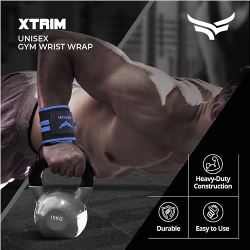 XTRIM دعم المعصم XTRIM للرجال والنساء، حزام المعصم للرجال، لف المعصم في الصالة الرياضية، حزام اللياقة البدنية في الصالة الرياضية، معدات الصالة الرياضية للمنزل، ملحقات دعم الصالة الرياضية للرجال لدعم قبضة اليد والمعصم ضمادة كريب (أسود وأزرق) - Image 2