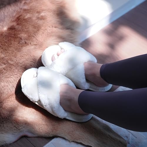 Crazy Lady Women's Fuzzy Fluffy House Slippers Cute Plush Memory Foam Shoes Cross Band Indoor Outdoor Open Toe Sandals(06/White, 5.5-6.5) - Image 2