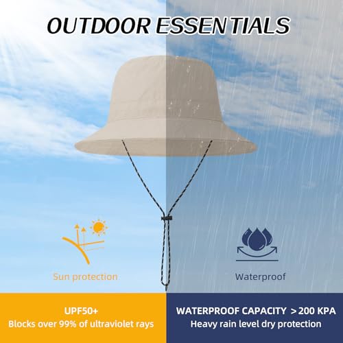 Durio Waterproof Bucket Hats for Woman UPF 50+ Sun Hat UV Protection Packable Rain Hats for Women Lightweight Hiking Hat Beige One Size - Image 2