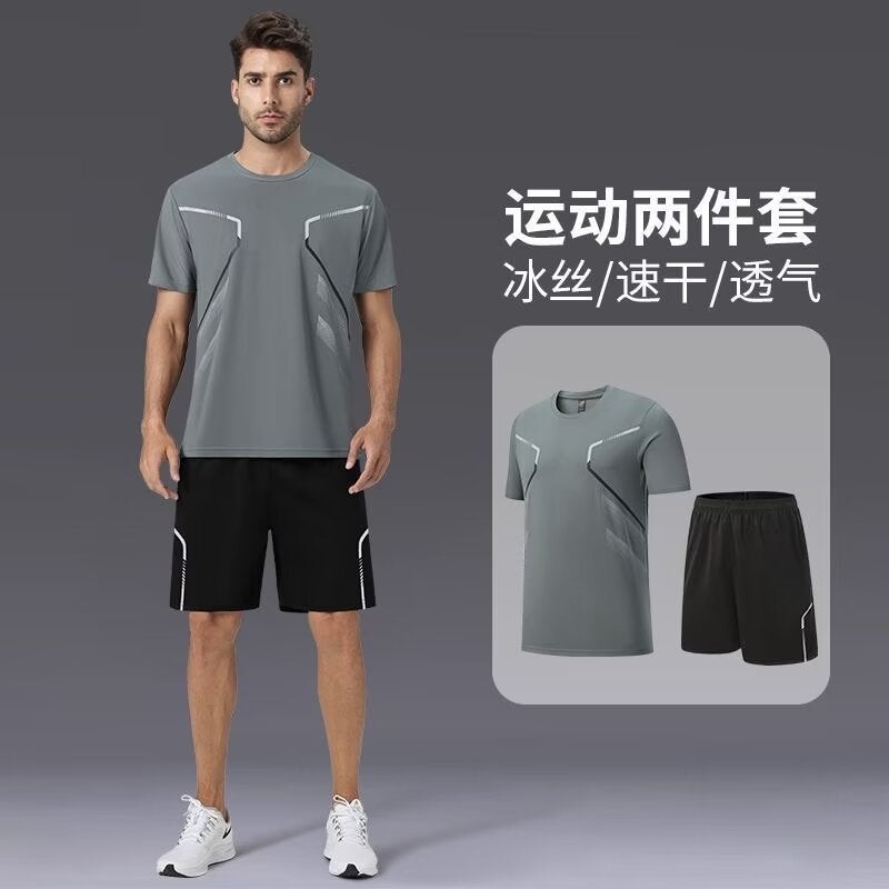 Generic Sports suit Mens Summer Ice Silk Quick-drying T-shirt Short-sleeved Fitness Clothes Running Shorts Badminton Clothes Training Equipment Grey [953 suit]]