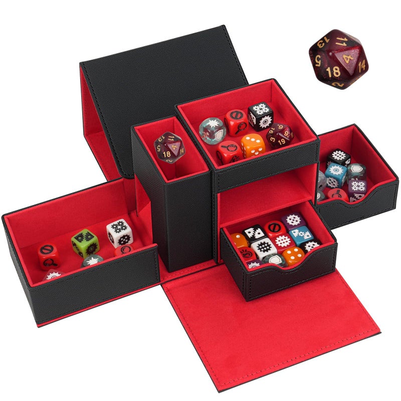 Jaffzora Dice Tray & Dice Roller Tower, Magnetic Dice Storage Box for Rolling, 3 in 1 Leather Dice Organizer Holder Fits for Dungeons & Dragons, MTG DM and Player, Black & Red - Image 1