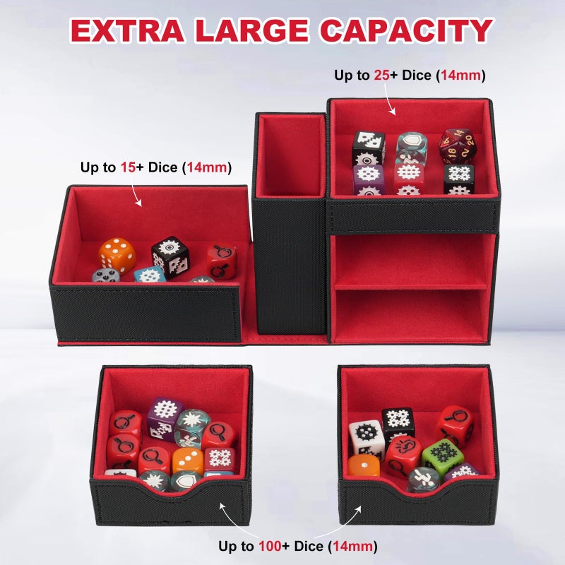 Jaffzora Dice Tray & Dice Roller Tower, Magnetic Dice Storage Box for Rolling, 3 in 1 Leather Dice Organizer Holder Fits for Dungeons & Dragons, MTG DM and Player, Black & Red - Image 3