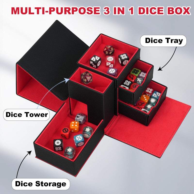 Jaffzora Dice Tray & Dice Roller Tower, Magnetic Dice Storage Box for Rolling, 3 in 1 Leather Dice Organizer Holder Fits for Dungeons & Dragons, MTG DM and Player, Black & Red - Image 2
