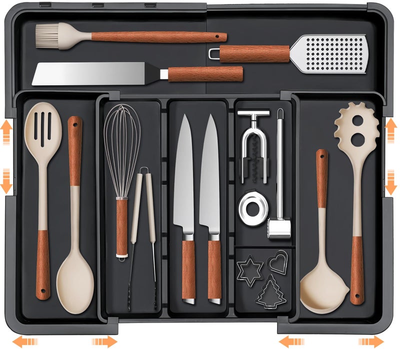 Spaclear Large Utensil Drawer Organizer Expandable Silverware Organizer for Kitchen Drawer Adjustable Cooking Utensil Holder Cutlery Flatware Tray Spatula Tools Gadgets Storage Dividers Plastic Black - Image 1