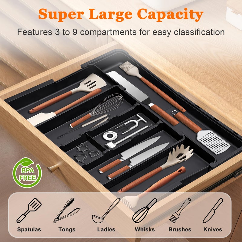 Spaclear Large Utensil Drawer Organizer Expandable Silverware Organizer for Kitchen Drawer Adjustable Cooking Utensil Holder Cutlery Flatware Tray Spatula Tools Gadgets Storage Dividers Plastic Black - Image 3