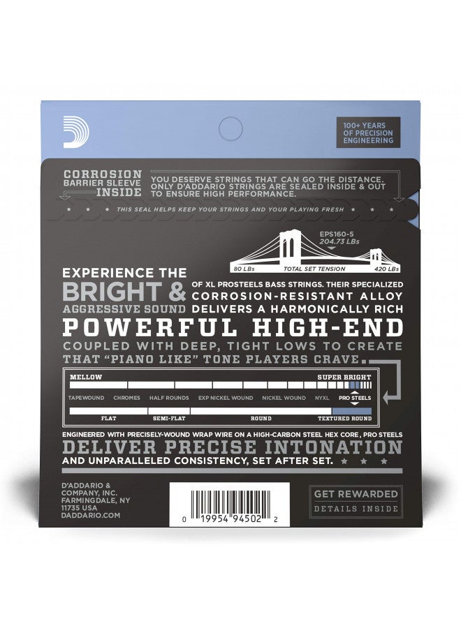 D'Addario XL ProSteels Bass Guitar Strings - EPS165-5 - 5 String - Long Scale - Regular Light Top/Medium Bottom, 45-135 - Image 1