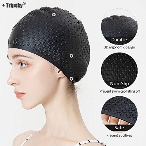 Tripsky Silicone Swim Cap,Comfortable Bathing Cap Ideal for Curly Short Medium Long Hair, Swimming Cap for Women and Men, Shower Caps Keep Hairstyle Unchanged (Black) - Image 3
