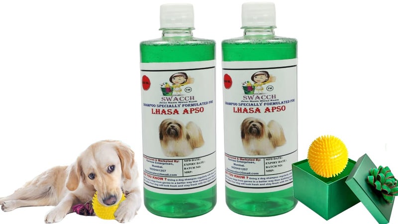 swacch Shampoo | Puppy Safe Shampoo | PH Balanced | Ditch to Itch for Lhasa Apso Dog Shampoo 500ml Pack of 2 (Neem Alovera) + Spike Ball Chew Toy Combo Pack - Image 1