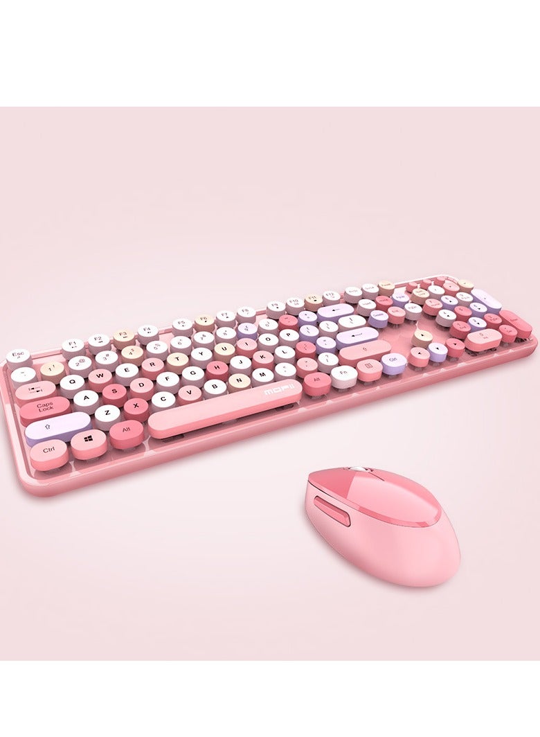 Cordless Mechanical Round Cap Keyboard And Mouse Pink