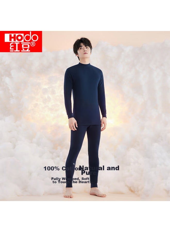 Hongdou Men's Autumn Underwear Set, Pure Cotton Mid-high Collar Cotton Sweater, Thin Base Layer, Warm Set, New Arrival For Autumn, Navy Blue, Size 175 - Image 2
