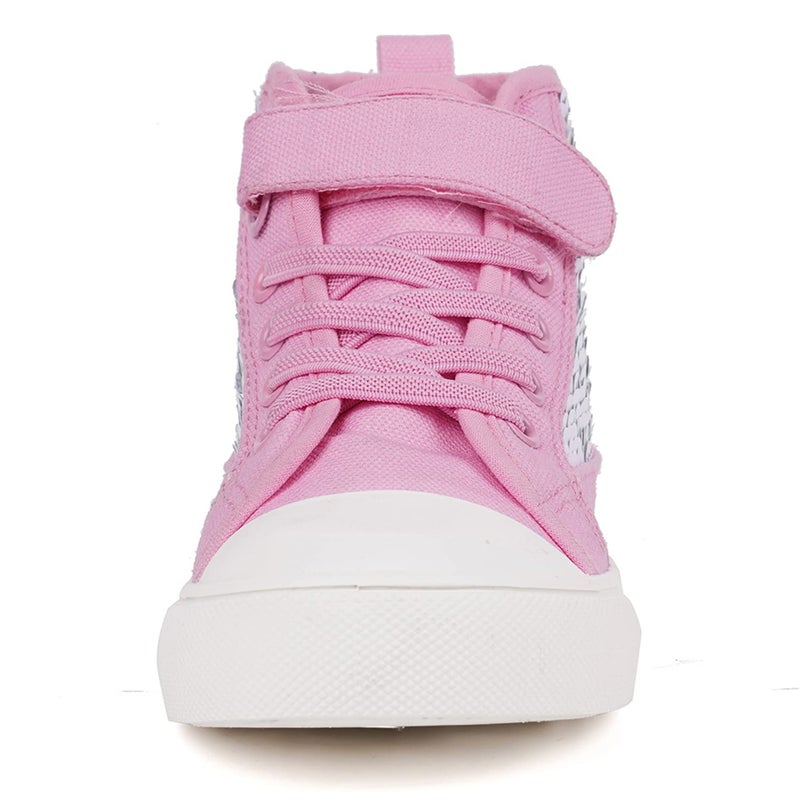 Toandon Girls Kids Canvas Shoes Sneakers for Color Change Flipping Sequins Glitter Sparkle High Top Adjustable Hook Loop Straps Velcro Non-Slip Lightweight Walking Pink Size 2 - Image 3