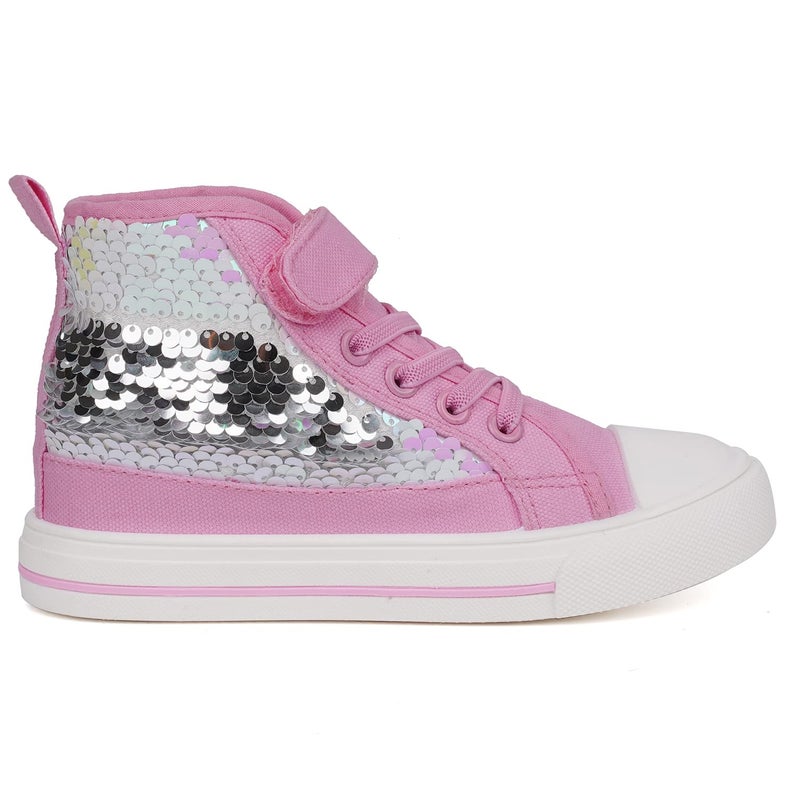 Toandon Girls Kids Canvas Shoes Sneakers for Color Change Flipping Sequins Glitter Sparkle High Top Adjustable Hook Loop Straps Velcro Non-Slip Lightweight Walking Pink Size 2 - Image 2