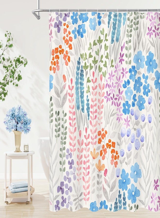 Litabel Cute Colorful Floral Shower Curtain, Blue Boho Flower Shower Curtains for Girls Bathroom Decor, Wildflower Trendy Botanical Waterproof Kids Shower Curtain Set with Hooks 72x72 Inch - Image 1
