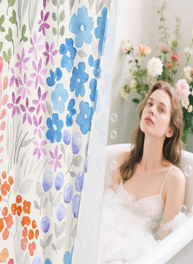 Litabel Cute Colorful Floral Shower Curtain, Blue Boho Flower Shower Curtains for Girls Bathroom Decor, Wildflower Trendy Botanical Waterproof Kids Shower Curtain Set with Hooks 72x72 Inch - Image 5