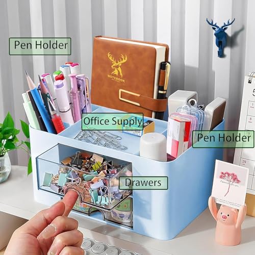 SHUTTLE ART Modern Desk Storage Organizer Box with 2 Drawers –Stackable Desk Organizer with Pen Holder and 5 Compartments – Perfect for Office, Home, School, Art Supplies, Crafts, and Stationery(Blue) - Image 3
