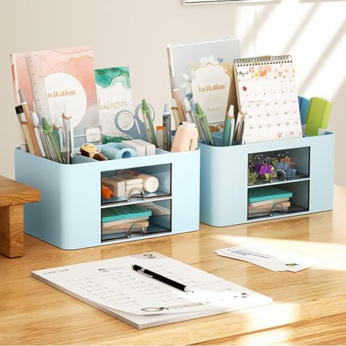 SHUTTLE ART Modern Desk Storage Organizer Box with 2 Drawers –Stackable Desk Organizer with Pen Holder and 5 Compartments – Perfect for Office, Home, School, Art Supplies, Crafts, and Stationery(Blue) - Image 2