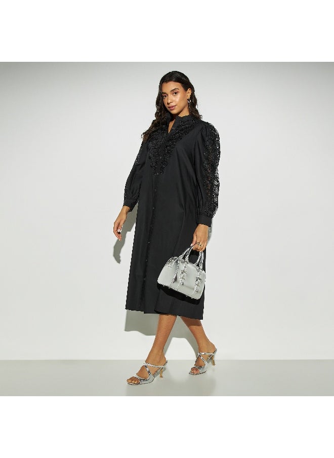 2Xtremz - 2Xtremz Lace Detail Midi Shirt Dress with Band Collar and Long Sleeves - Image 1