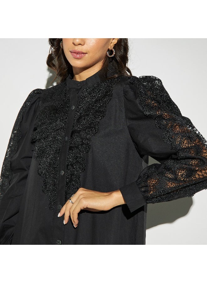 2Xtremz - 2Xtremz Lace Detail Midi Shirt Dress with Band Collar and Long Sleeves - Image 1