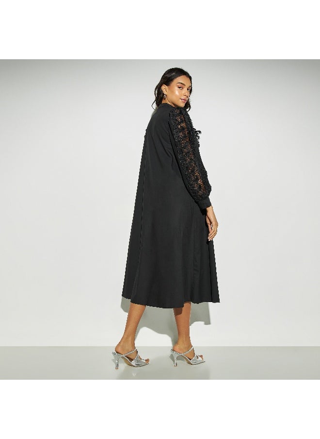 2Xtremz - 2Xtremz Lace Detail Midi Shirt Dress with Band Collar and Long Sleeves - Image 1