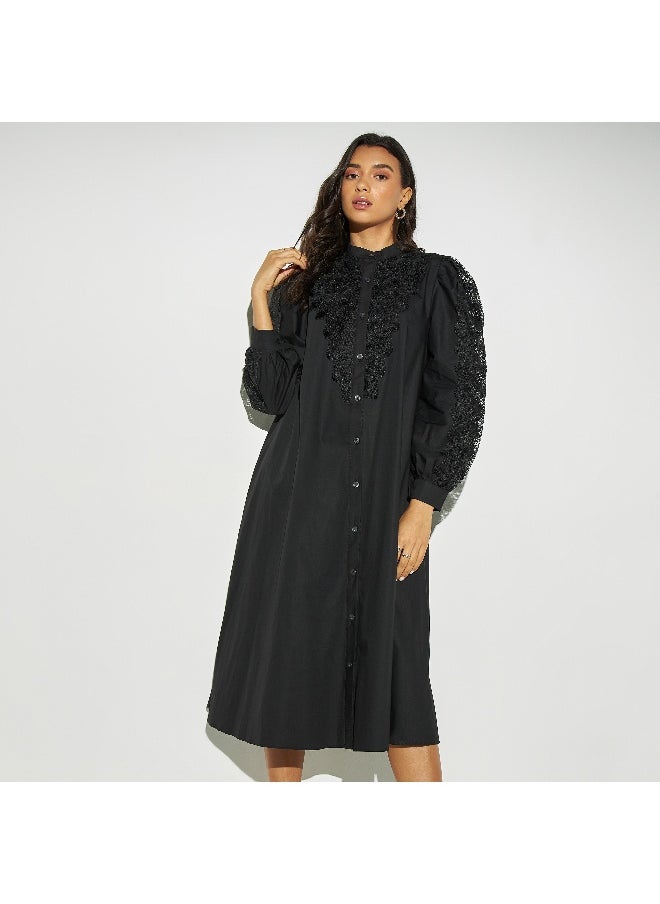 2Xtremz - 2Xtremz Lace Detail Midi Shirt Dress with Band Collar and Long Sleeves - Image 1